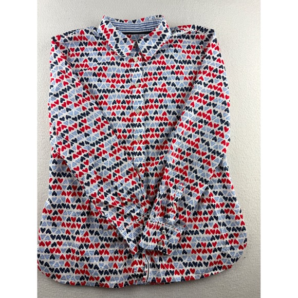 Talbots Tops - Talbots Womens Small Red Navy Blue Heart Print Cotton Button Down Shirt Blouse